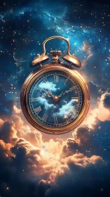 Golden cosmic clock cradling clouds in a dreamy sky.
