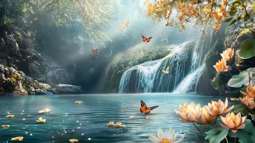 Waterfall pool with butterflies and lotus flowers in forest.