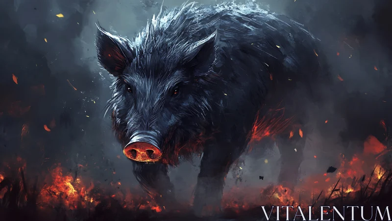 Wild boar strides through embers in a storm of sparks.
