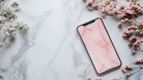 Minimal smartphone flat lay on marble with pastel florals.