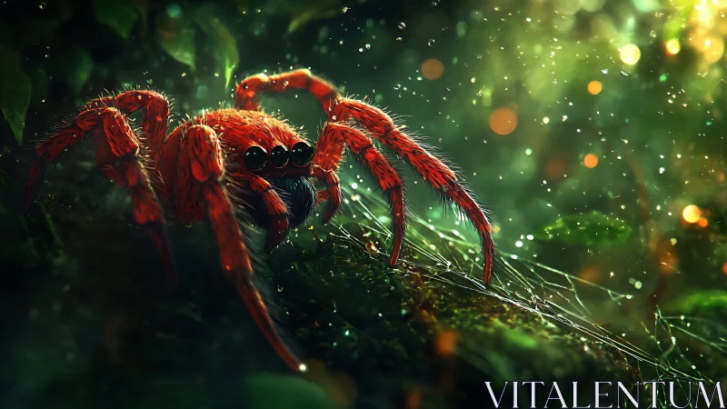Crimson rainforest spider on dewy web with cinematic bokeh.