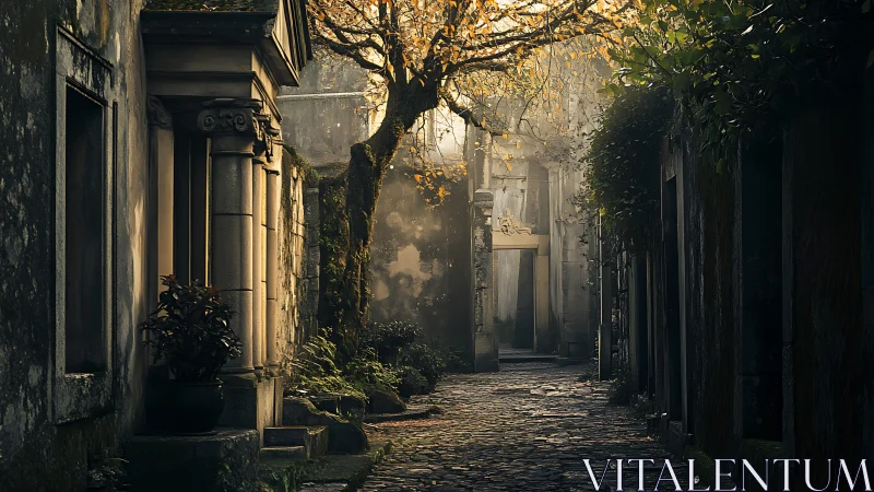 Sunlit stone alleyway leading to a quiet hidden courtyard.