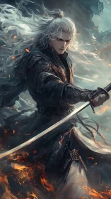 Silver haired warrior with sword amid wind and flame.