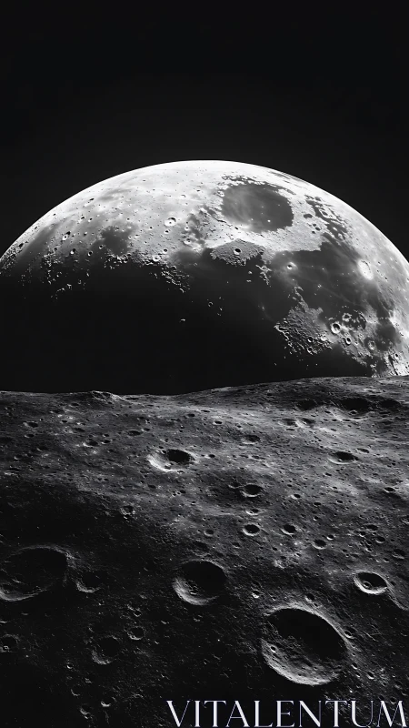 Lunar horizon with cratered foreground rendered in stark monochrome