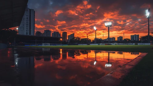 Floodlit urban stadium under intense orange sunset sky.
