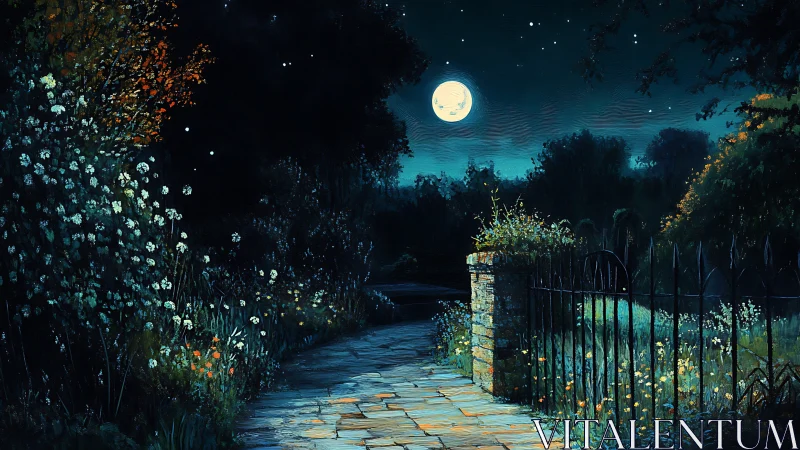 Moonlit garden path curves past wrought-iron gate.