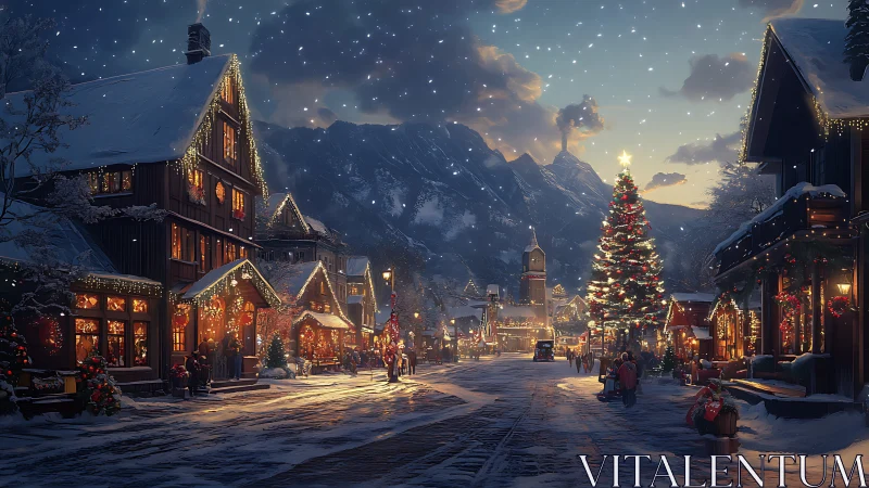 Snow-covered town street with illuminated holiday tree at dusk.