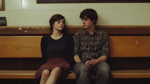 Two Young Figures in Contemplative Repose on Wooden Church Bench