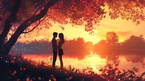 Silhouetted Couple Embracing at Golden Hour Waterscape with Autumn Foliage Canopy