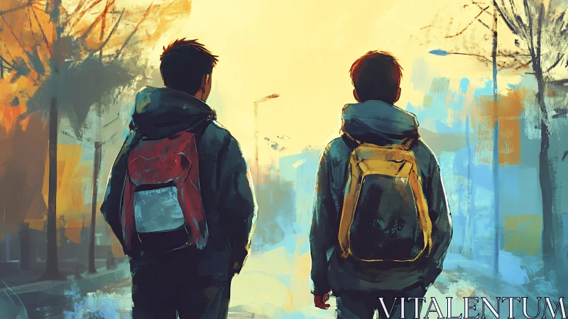 Two backpacked teens walking into glowing city morning.