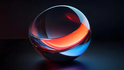 Luminous glass sphere with vivid red and blue light bands.