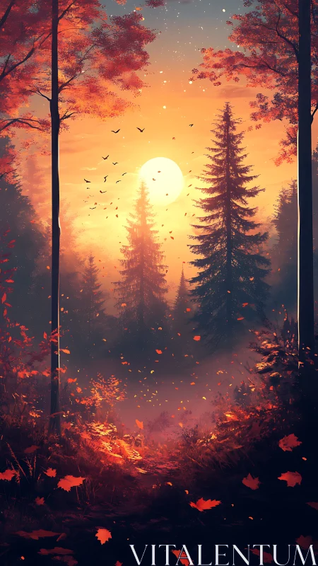 Autumnal Forest Sunset: Digital Rendering with Volumetric Light and Particle Dynamics