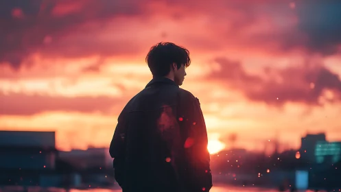 Silhouetted figure watches neon sunset over city skyline.