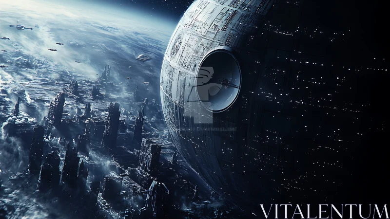 Massive spherical battle station over dark ruined cityscape.