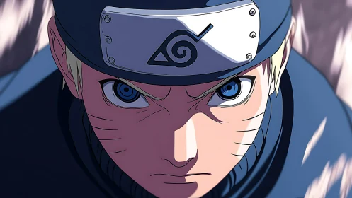 Close-up anime ninja portrait with blue headband and emblem