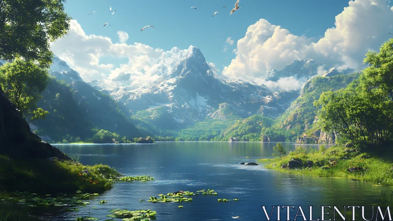 Mountain lake landscape with snow peaks and green forests.