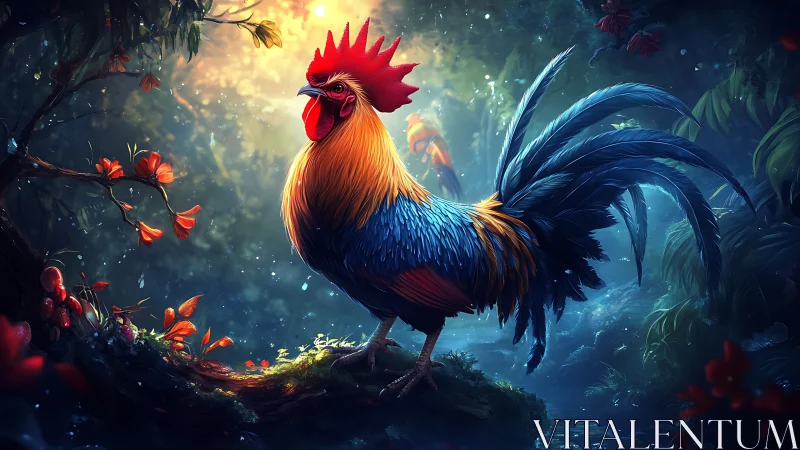 Fantasy Rooster in Mystical Forest Setting.