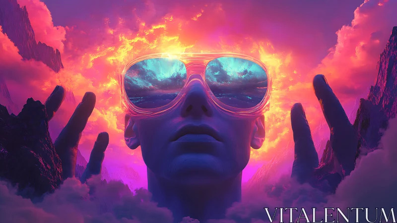 Neon lit figure with reflective glasses in vivid clouds.