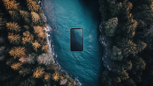 Smartphone floats centered above river between forest banks