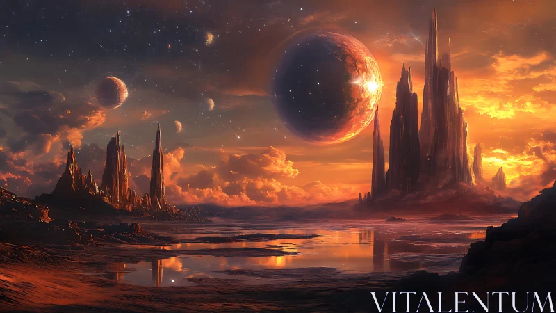 Alien citadel rises beneath molten twin planets at dusk.