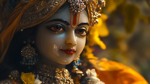 Divine idol portrait in jeweled headdress, warm bokeh glow.