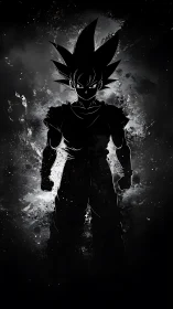 High-contrast anime warrior silhouette with splatter aura field.