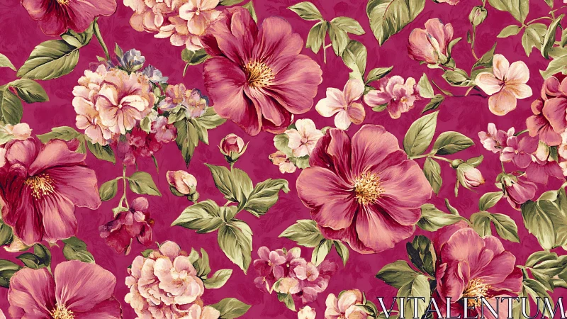 Dense floral arrangement on magenta background with botanical elements