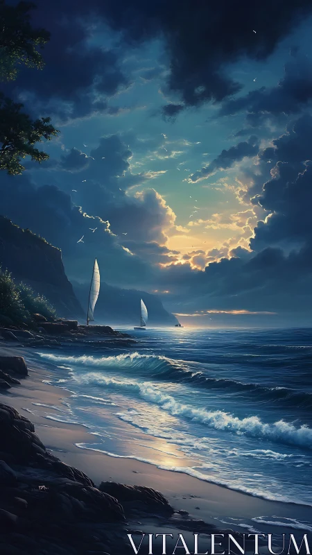 Dramatic twilight seascape with sailboats and volumetric clouds