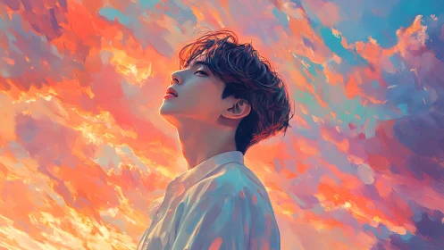 Youthful dreamer beneath luminous painterly sunset sky.