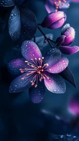 Luminescent Flowers with Water Droplets in Deep Blue and Purple Tones