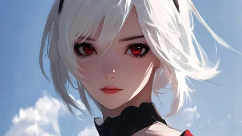 White-haired anime heroine with crimson eyes under sky.