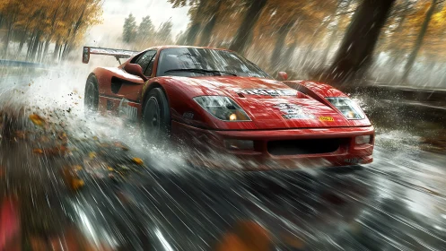 Red race car slashing through wet autumn forest track.