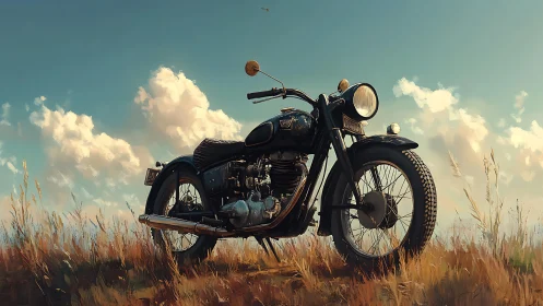 Vintage black motorcycle in open field under clouded sky.