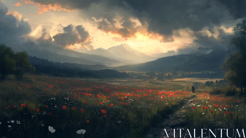 Stormlit poppy valley with distant mountains at sunrise.