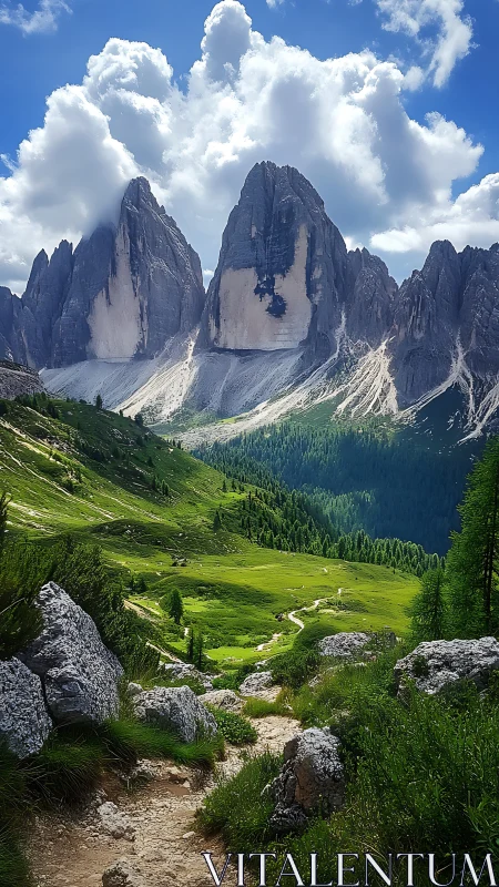 Glacially carved dolomite towers above alpine valley trail.