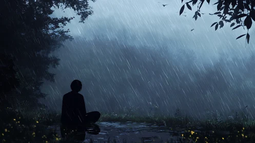 Solitary figure sits in rain beside reflective forest puddle