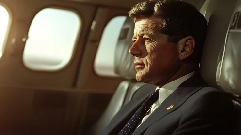 Contemplative suited man in airplane cabin sunlight.