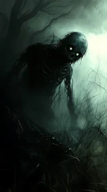 Skeletal forest entity in dense mist and tangled branches.