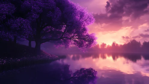 Purple blossom tree reflects in calm lake at sunset