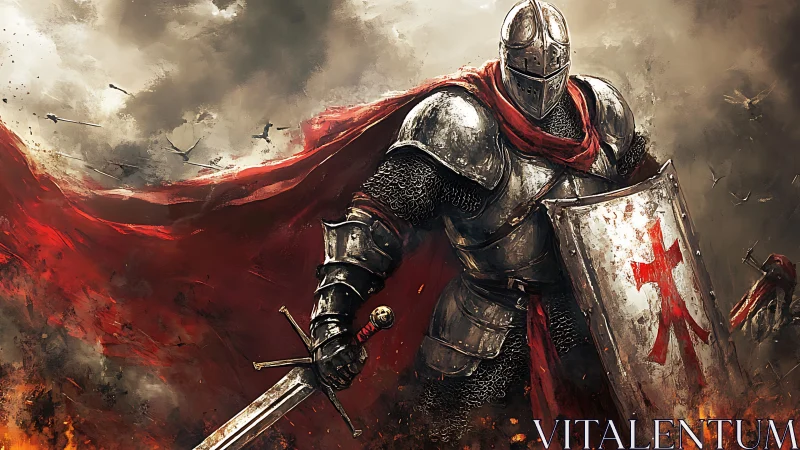 Heavily armored crusader knight with red tabard amidst battle