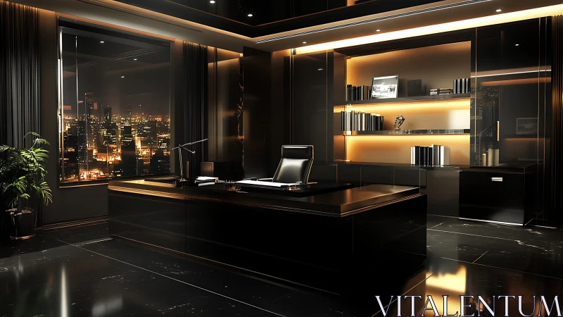 Nocturnal executive office with glossy black finishes and skyline