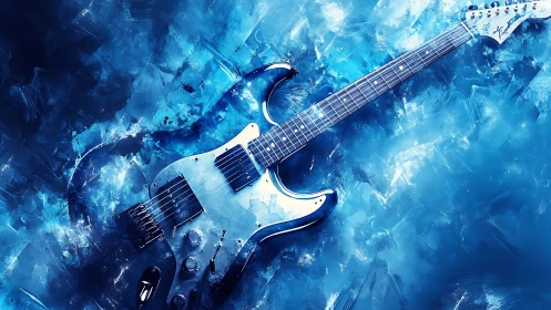 Electric guitar rests in a cool swirl of bold blue energy