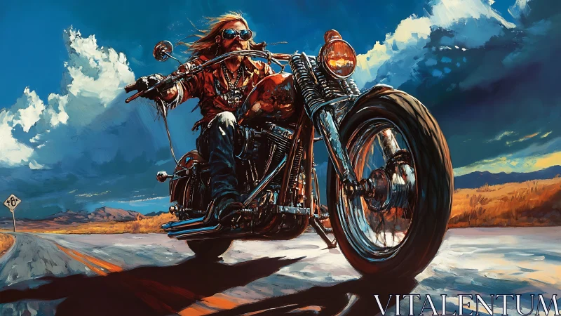 Road warrior on chrome chopper beneath stormy sky.