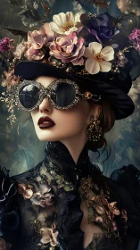 Opulent floral hat and jeweled glasses celebrate bold style