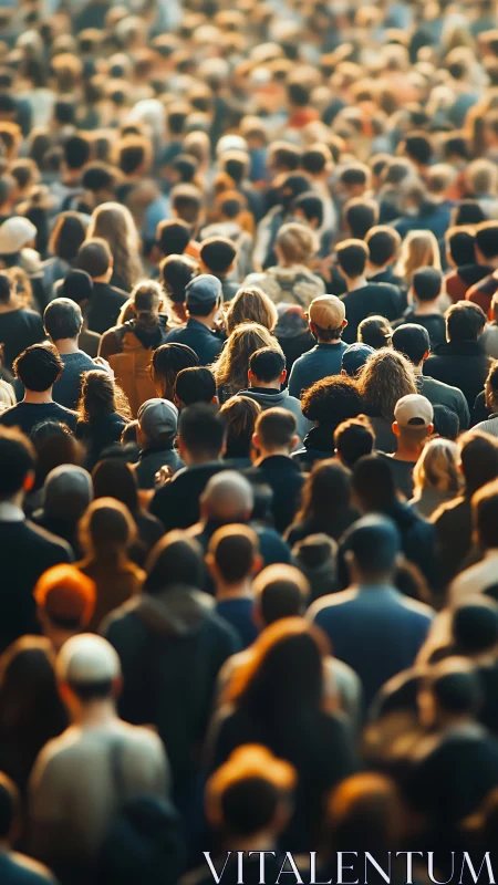 Crowded urban crowd moves forward in warm evening light