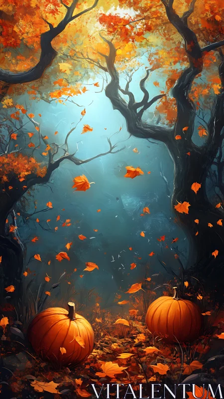 Autumn forest corridor frames pumpkins with cinematic depth cues