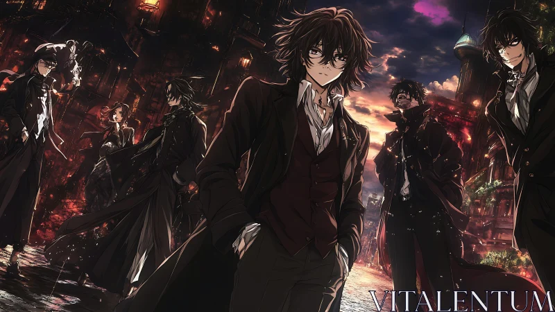 Victorian noir ensemble in ember-lit anime streetscape.