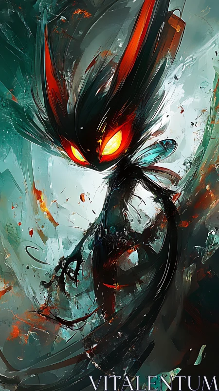 Ember-eyed shadow sprite swirling through vivid chaos.