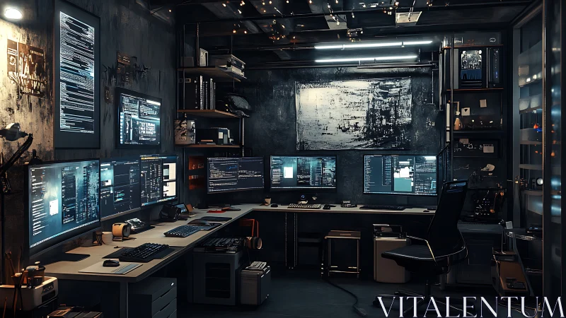 Dark cyber workspace glows with multiple code-filled monitors