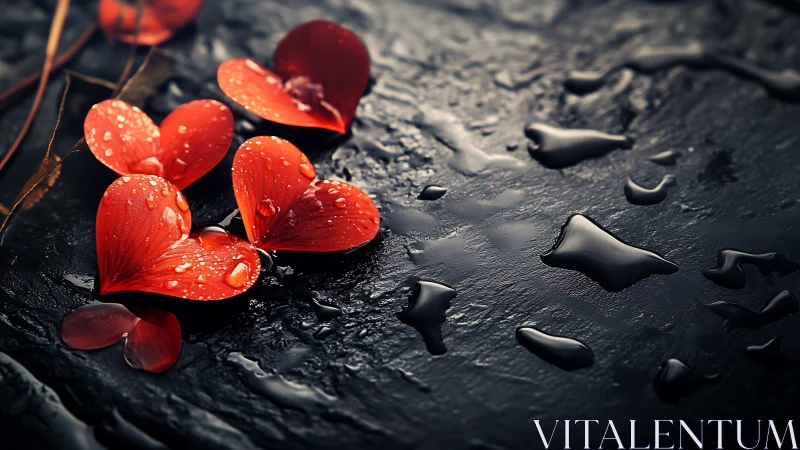 Red Petals on Wet Stone: Macro Study in High Contrast.